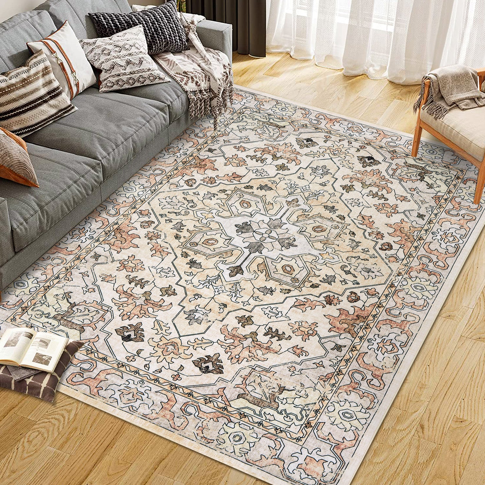 Garvee Vintage Floral Washable Area Rug, Beige 5x7 Non Slip Low Pile Rug for Bedroom and Nursery, Kid and Pet Friendly