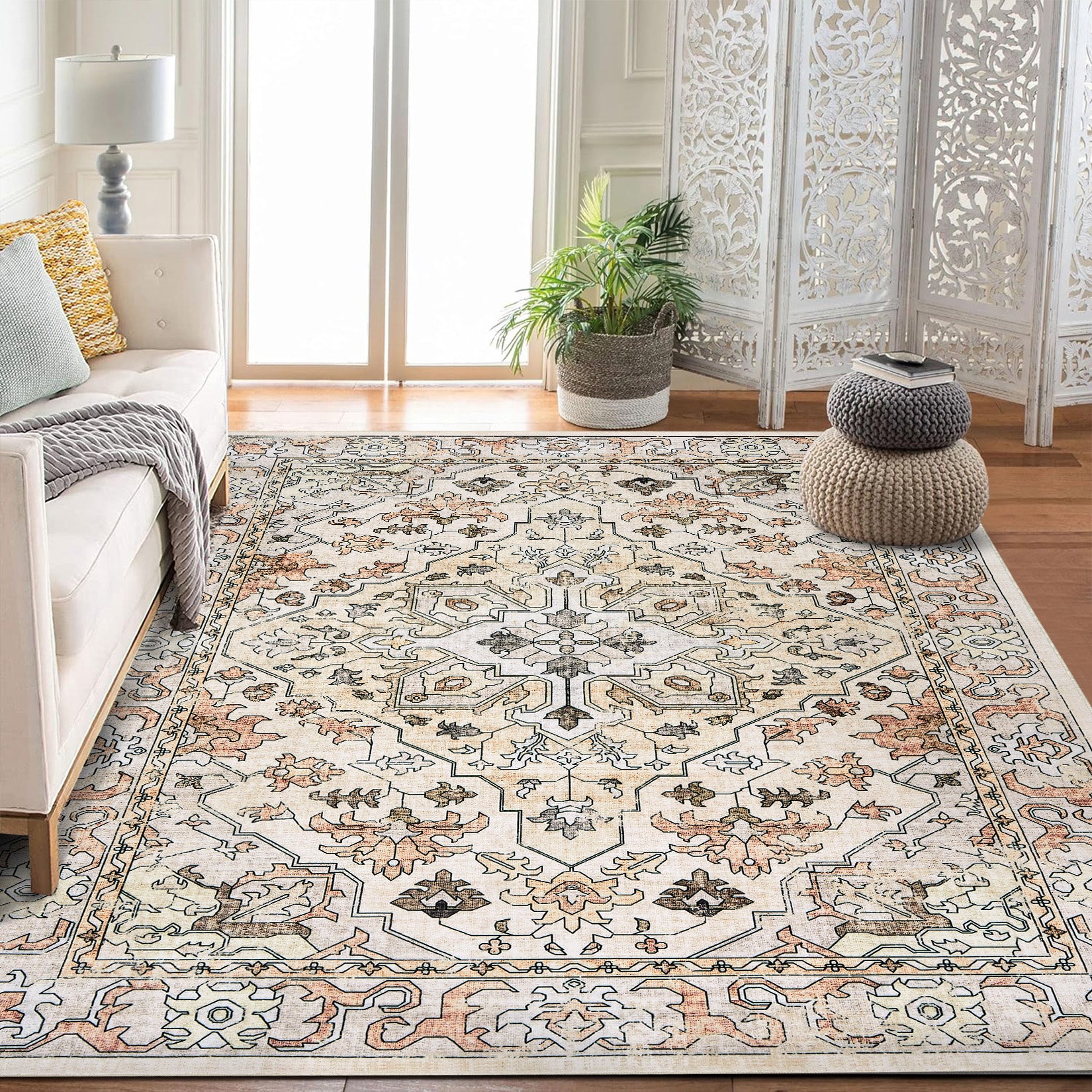 Garvee Vintage Floral Washable Area Rug, Beige 9x12 Non Slip Low Pile Rug for Living Room and Bedroom, Kid and Pet Friendly