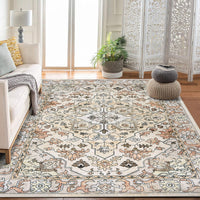 Garvee Vintage Floral Washable Area Rug, Beige 9x12 Non Slip Low Pile Rug for Living Room and Bedroom, Kid and Pet Friendly