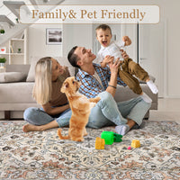 Garvee Vintage Floral Washable Area Rug, Beige 9x12 Non Slip Low Pile Rug for Living Room and Bedroom, Kid and Pet Friendly