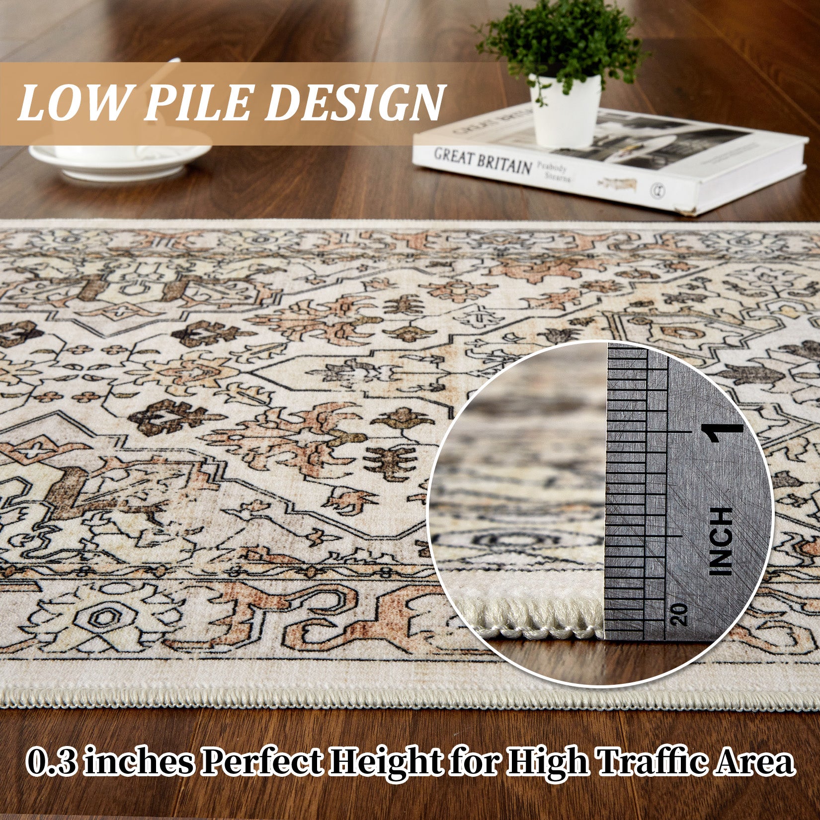 Garvee Vintage Floral Washable Area Rug, Beige 5x7 Non Slip Low Pile Rug for Bedroom and Nursery, Kid and Pet Friendly