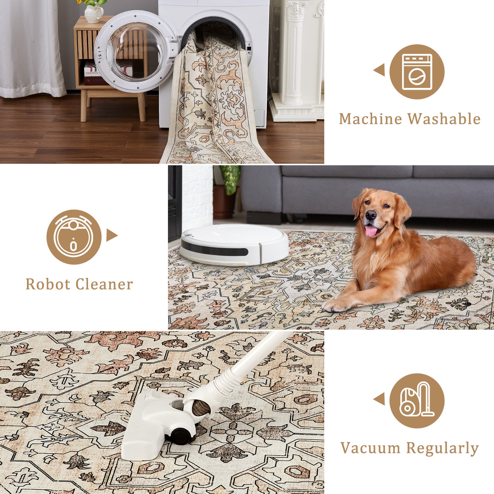 Garvee Vintage Floral Washable Area Rug, Beige 9x12 Non Slip Low Pile Rug for Living Room and Bedroom, Kid and Pet Friendly