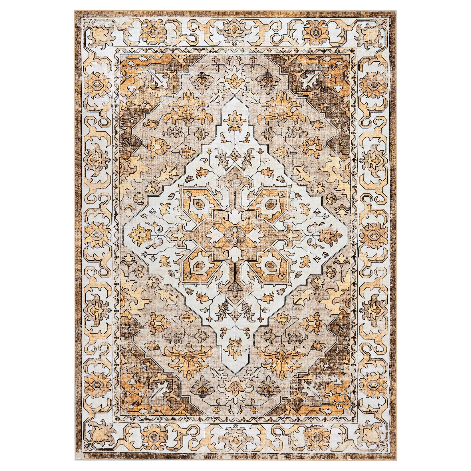 Garvee Vintage Floral Washable Area Rug, Camel 9x12 Non Slip Low Pile Rug for Living Room and Bedroom, Kid and Pet Friendly