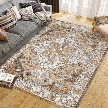 Garvee Vintage Floral Washable Area Rug, Camel 5x7 Non Slip Low Pile Rug for Bedroom and Nursery, Kid and Pet Friendly