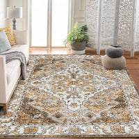Garvee Vintage Floral Washable Area Rug, Camel 10x13 Non Slip Low Pile Rug for Living Room and Bedroom, Kid and Pet Friendly