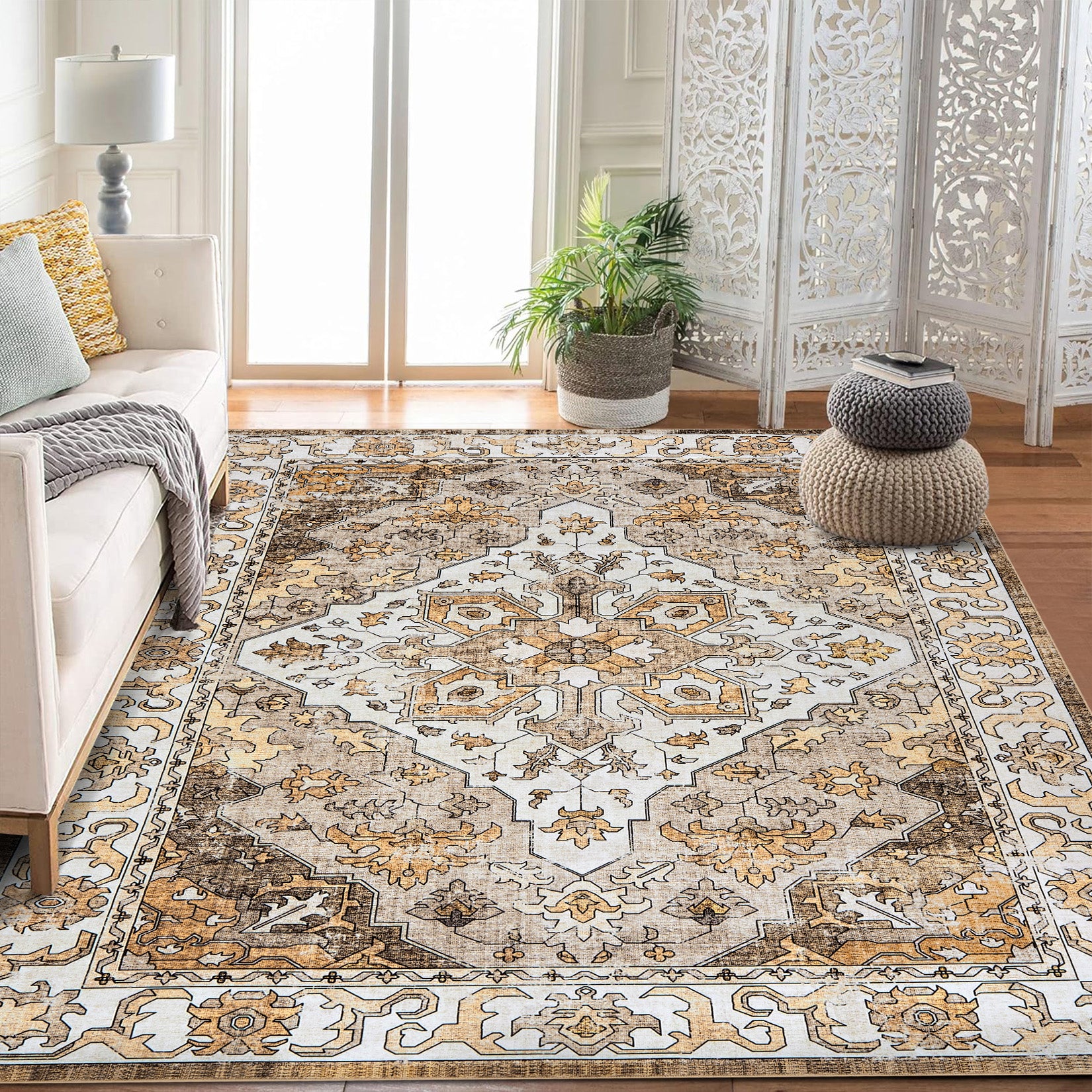 Garvee Vintage Floral Washable Area Rug, Camel 8x10 Non Slip Low Pile Rug for Living Room and Bedroom, Kid and Pet Friendly