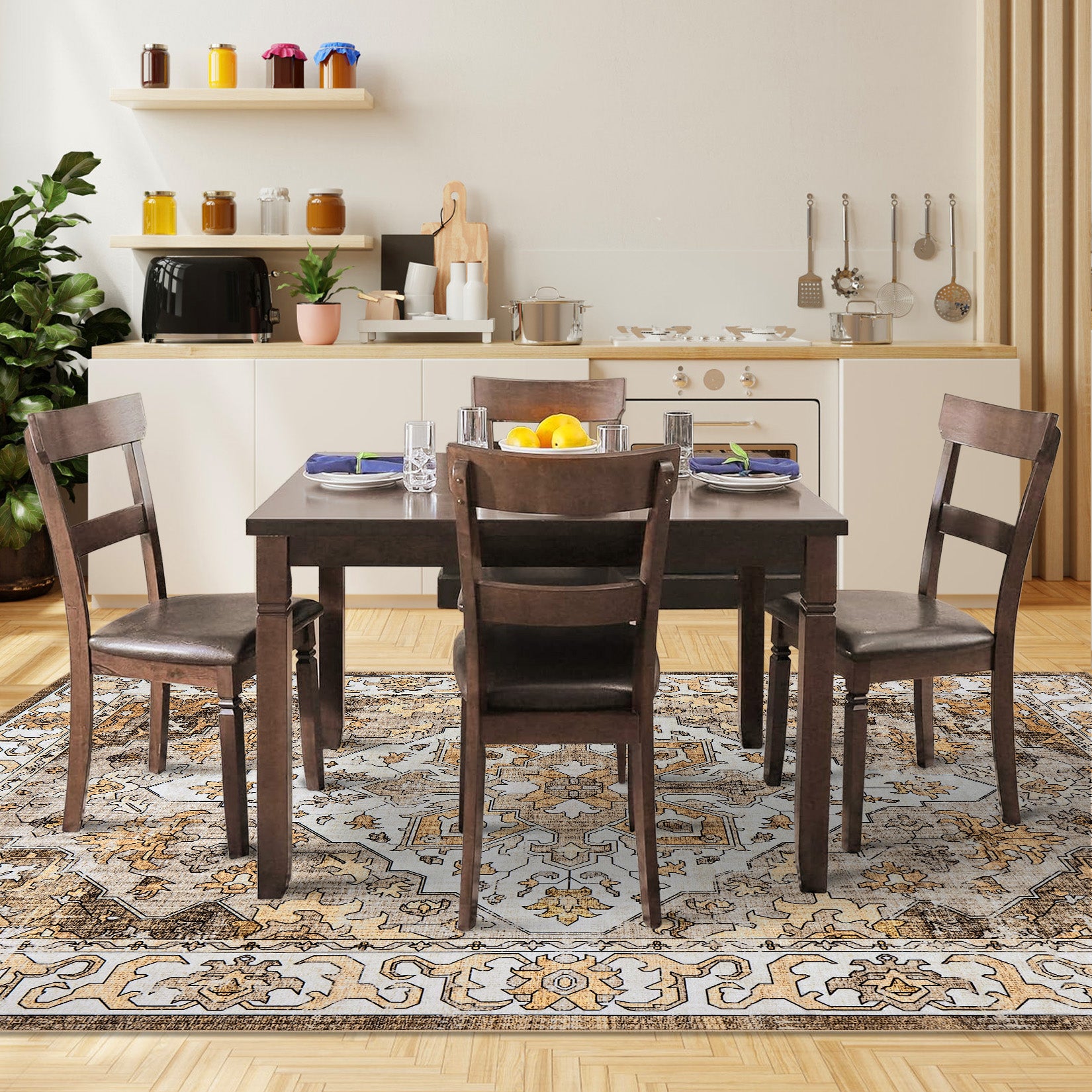 Garvee Vintage Floral Washable Area Rug, Camel 8x10 Non Slip Low Pile Rug for Living Room and Bedroom, Kid and Pet Friendly