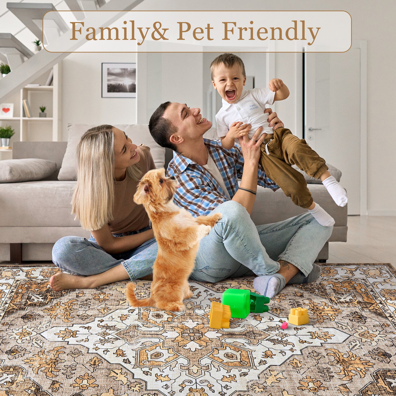 Garvee Vintage Floral Washable Area Rug, Camel 8x10 Non Slip Low Pile Rug for Living Room and Bedroom, Kid and Pet Friendly