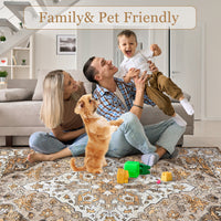 Garvee Vintage Floral Washable Area Rug, Camel 8x10 Non Slip Low Pile Rug for Living Room and Bedroom, Kid and Pet Friendly