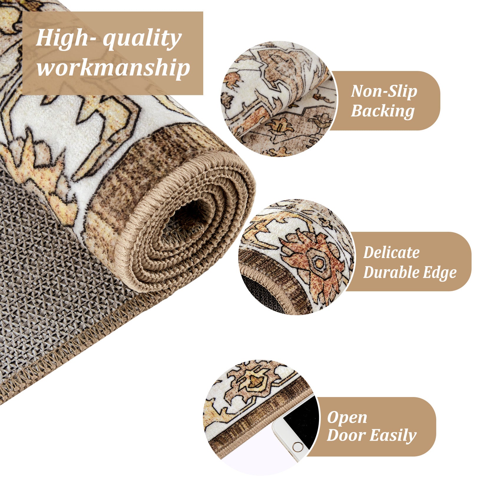 Garvee Vintage Floral Washable Area Rug, Camel 8x10 Non Slip Low Pile Rug for Living Room and Bedroom, Kid and Pet Friendly