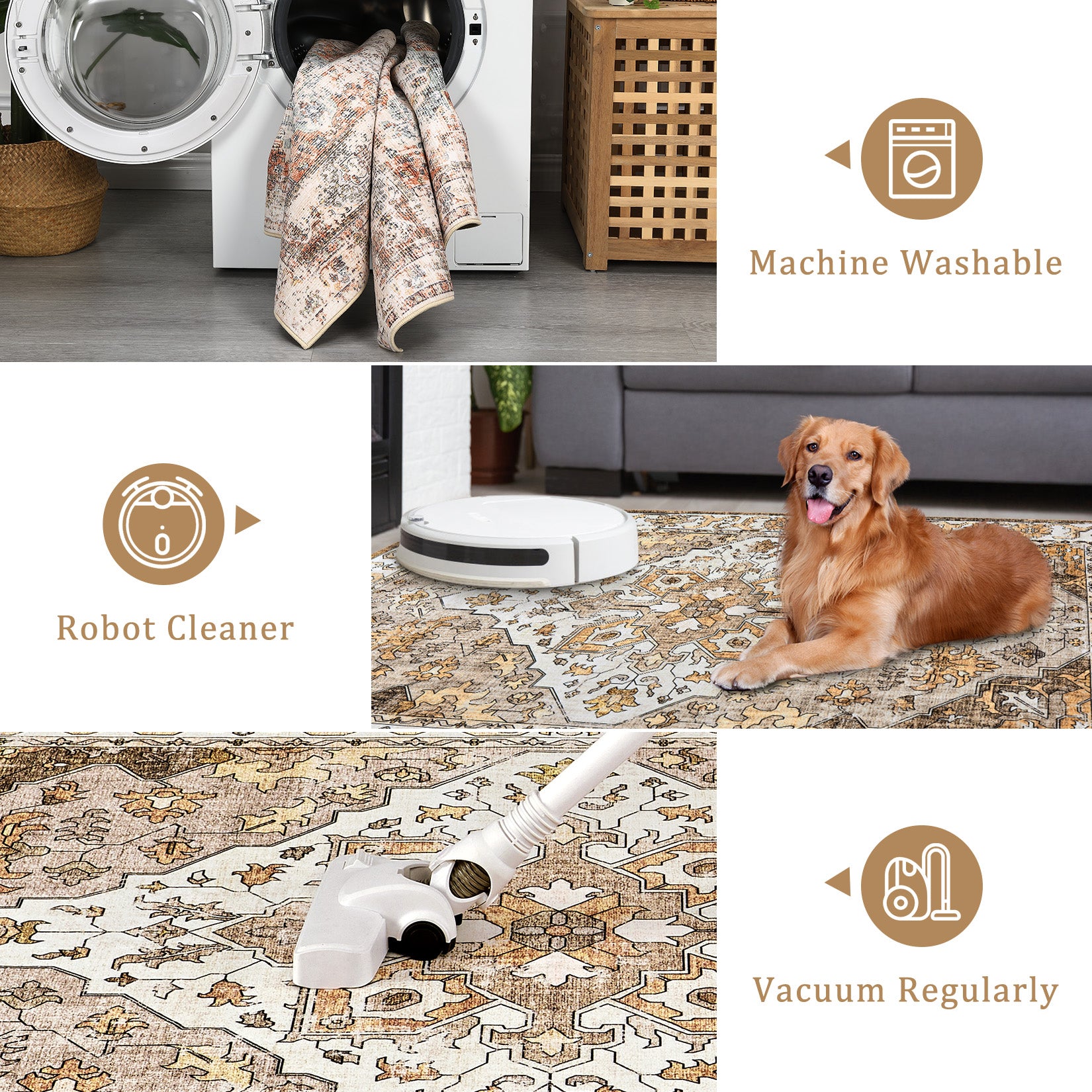 Garvee Vintage Floral Washable Area Rug, Camel 8x10 Non Slip Low Pile Rug for Living Room and Bedroom, Kid and Pet Friendly