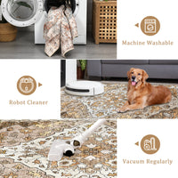 Garvee Vintage Floral Washable Area Rug, Camel 8x10 Non Slip Low Pile Rug for Living Room and Bedroom, Kid and Pet Friendly