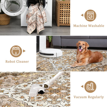 Garvee Vintage Floral Washable Area Rug, Camel 5x7 Non Slip Low Pile Rug for Bedroom and Nursery, Kid and Pet Friendly