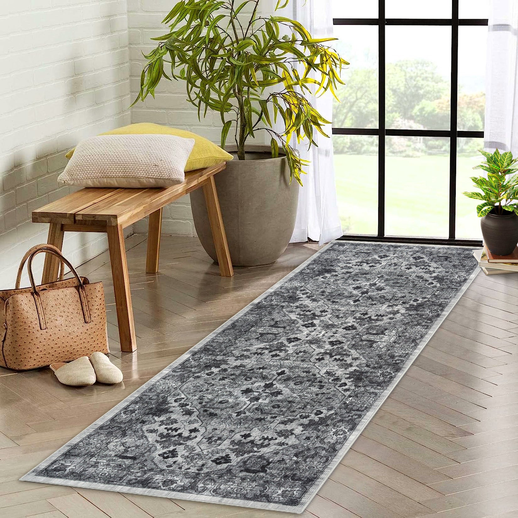 Garvee Vintage Floral Washable Runner Rug, Dark Gray 2x6 Non Slip Low Pile Hallway and Entryway Rug, Kid and Pet Friendly