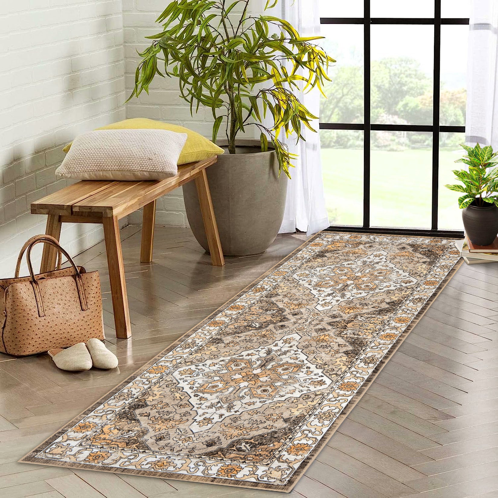 Garvee Vintage Floral Washable Runner Rug, Camel 2x6 Non Slip Low Pile Hallway and Entryway Rug, Kid and Pet Friendly