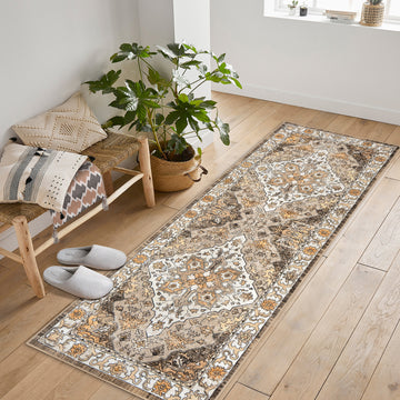 Garvee Vintage Floral Washable Runner Rug, Camel 2x6 Non Slip Low Pile Hallway and Entryway Rug, Kid and Pet Friendly