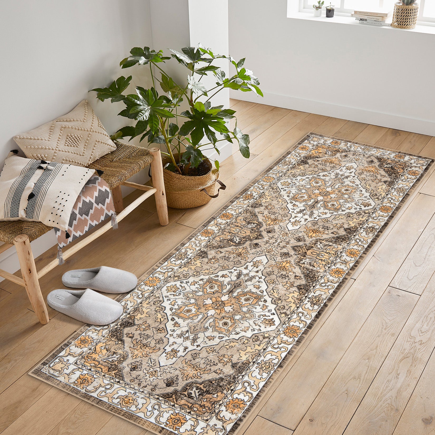 Garvee Vintage Floral Washable Runner Rug, Camel 2x6 Non Slip Low Pile Hallway and Entryway Rug, Kid and Pet Friendly