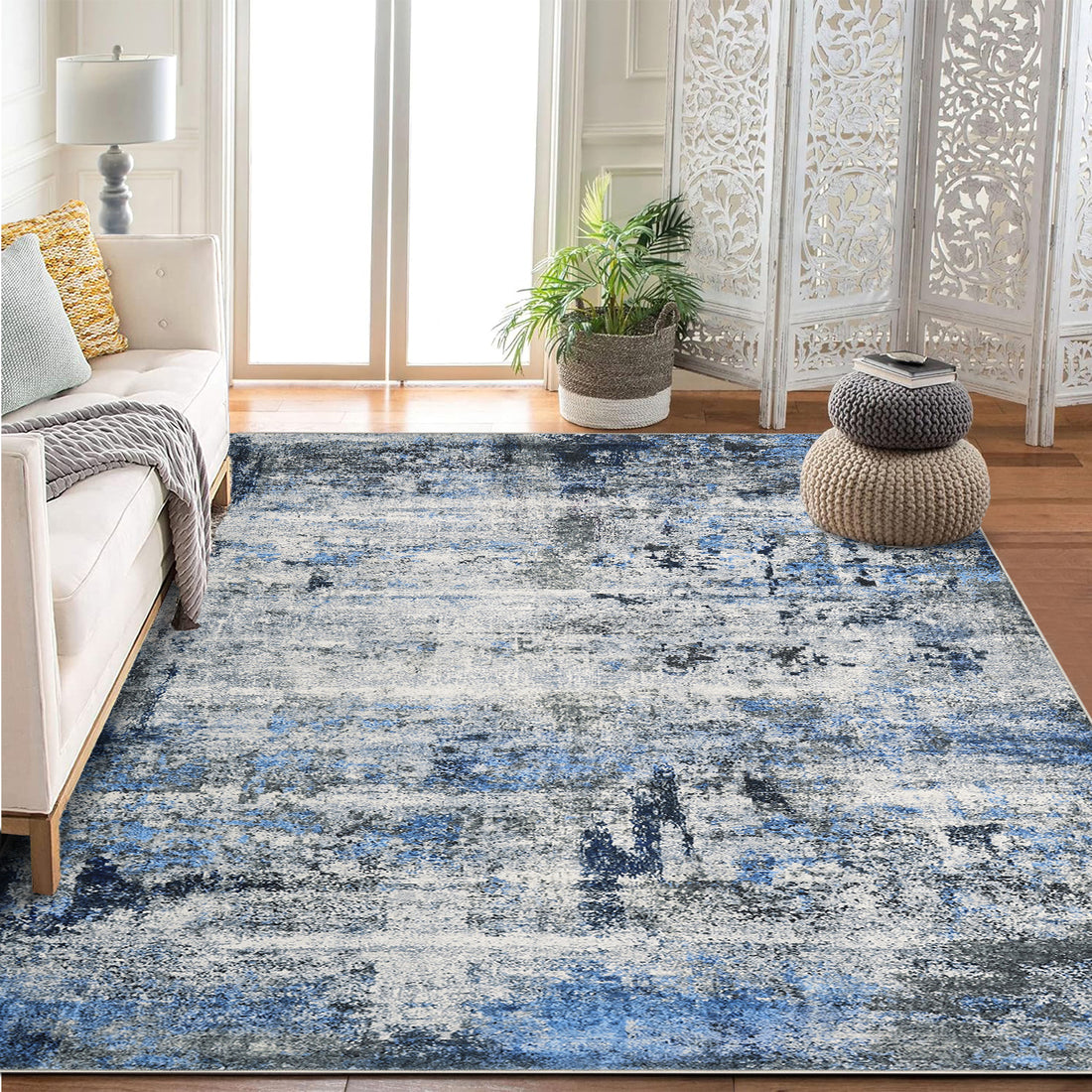 Garvee Modern Abstract Boho Washable Area Rug High-Traffic Areas Living Room Bedroom Kitchen Dining Blue 8x10