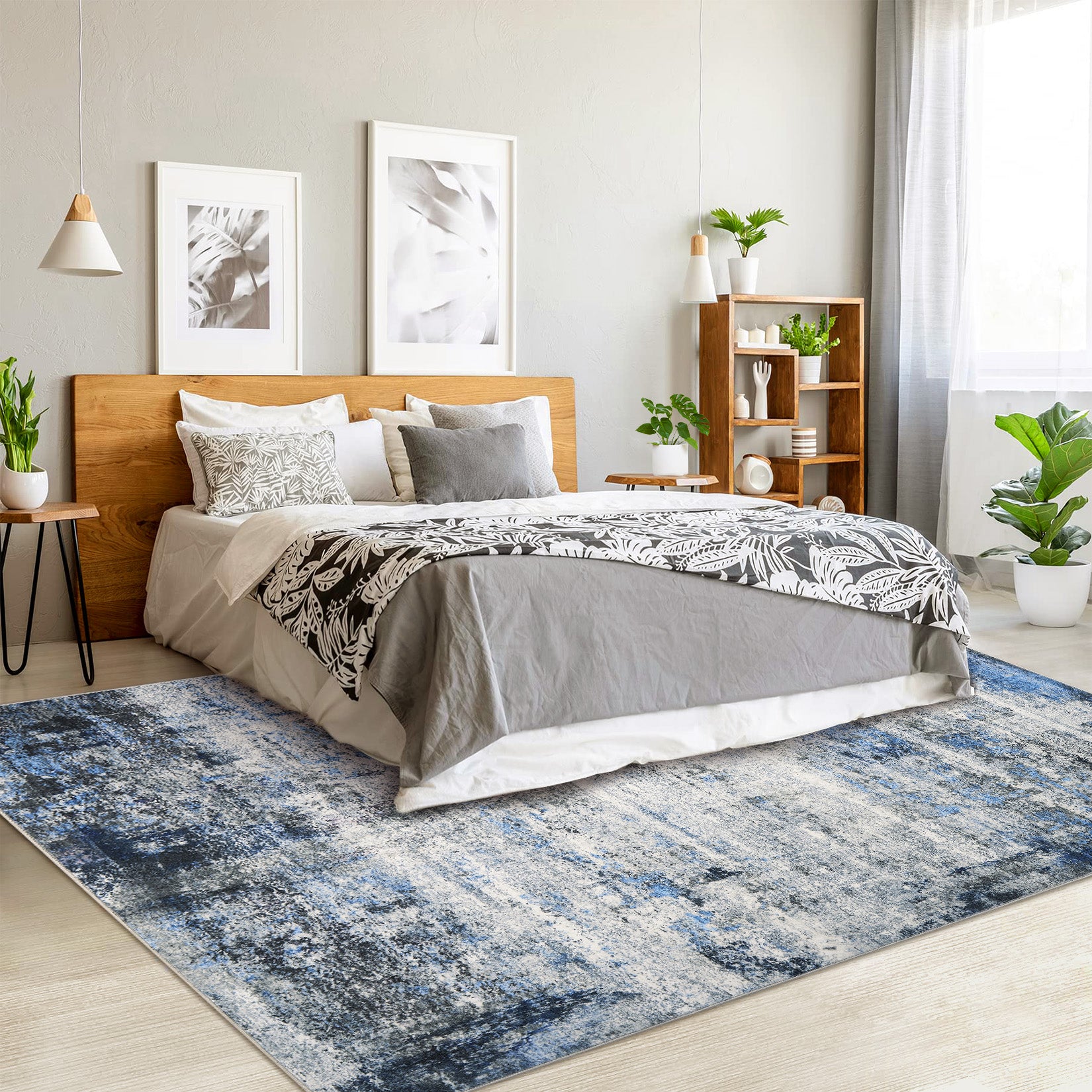 Garvee Modern Abstract Boho Washable Area Rug High-Traffic Areas Living Room Bedroom Kitchen Dining Blue 5x7