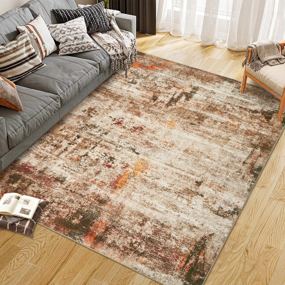 Garvee Modern Abstract Boho Washable Area Rug High-Traffic Areas Living Room Bedroom Kitchen Dining Camel 5x7