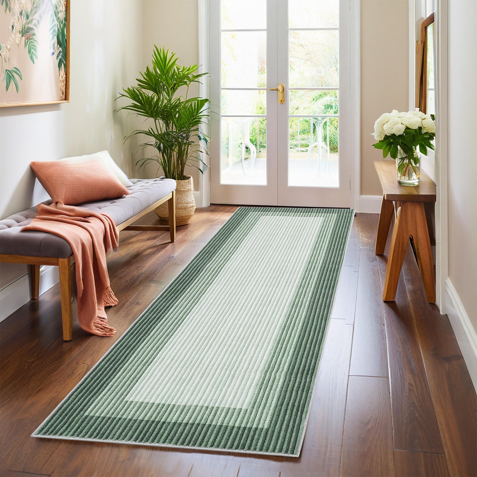 Garvee 2' x 6' Green Striped Border Runner Rug, Washable Low-Pile Carpet for Kitchen, Hallway, Entryway and Patio