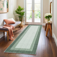 Garvee 2' x 6' Green Striped Border Runner Rug, Washable Low-Pile Carpet for Kitchen, Hallway, Entryway and Patio