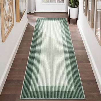 Garvee 2' x 6' Green Striped Border Runner Rug, Washable Low-Pile Carpet for Kitchen, Hallway, Entryway and Patio