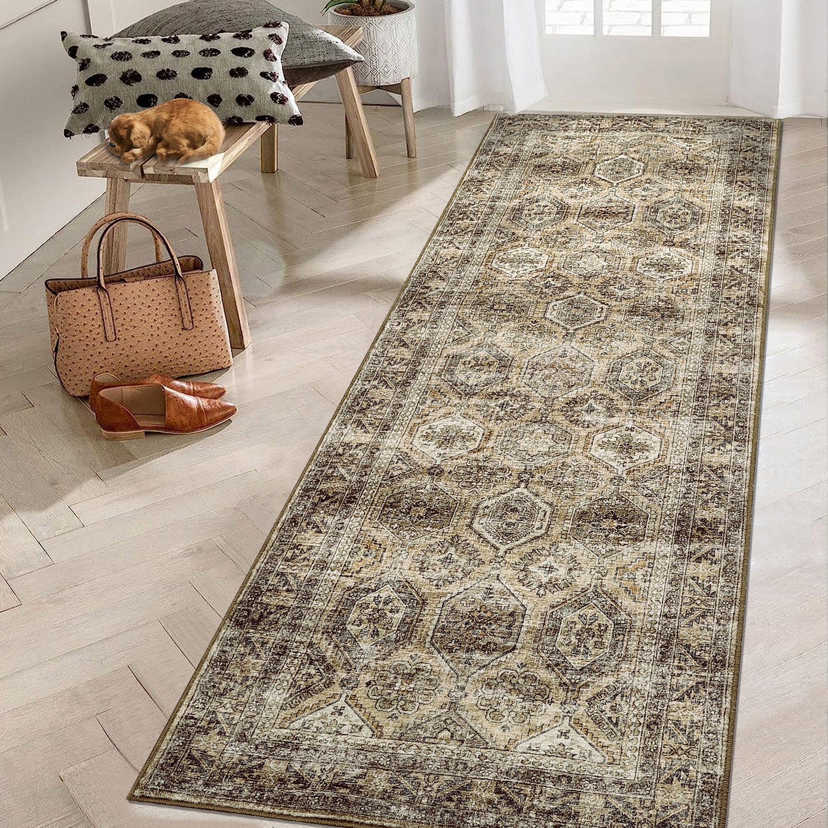 Garvee Persian Brown 2x6 Washable Runner Rug Runners Vintage Non Slip Kitchen Rug Bathroom Rug Oriental Brown Rug Low Pile Distressed Small Rug Entryway Living Room Bedroom Laundry Rug