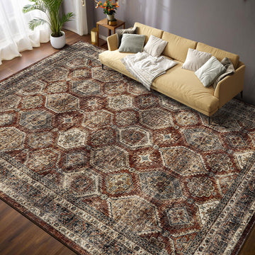 Garvee Persian Brown-Red 5x7 Washable Rugs, for Living Room Vintage Rug Non Slip Large Bedroom Rug Retro Oriental Rug Soft Faux Wool Low Pile Stain Resistant Carpet for Office Nursery Dining Room