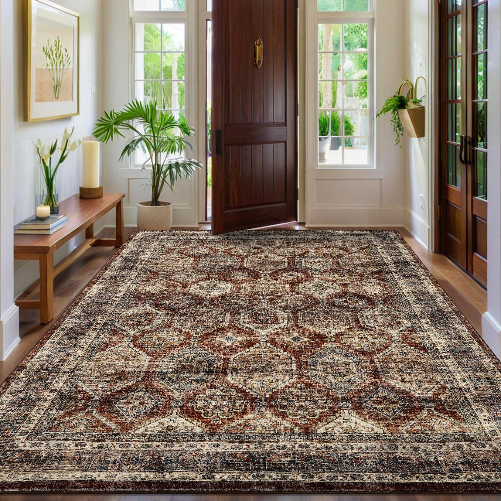 Garvee Persian Brown-Red 5x7 Washable Rugs, for Living Room Vintage Rug Non Slip Large Bedroom Rug Retro Oriental Rug Soft Faux Wool Low Pile Stain Resistant Carpet for Office Nursery Dining Room