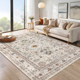 Garvee Vintage Area Rug 5x7 Washable Farmhouse Floral Print Throw Rug, Non-Slip Distressed Indoor Carpet, Stain-Resistant Low Pile Accent Rug for Living Room, Bedroom, Beige - Beige