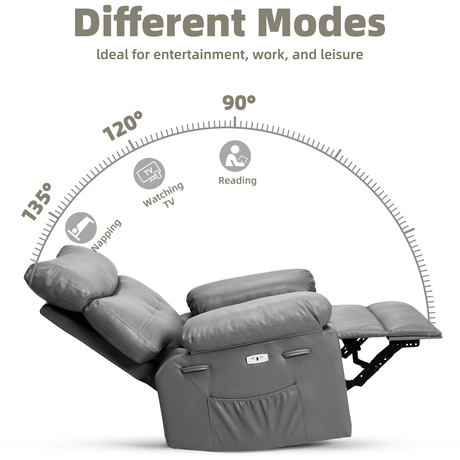 Garvee Oversized Manual Recliner, Breathable Leather Pushback Recliner Chair, Single Lazy Sofa Chair with Two Cup Holders and Side Pocket, Living Room Recliner, Grey