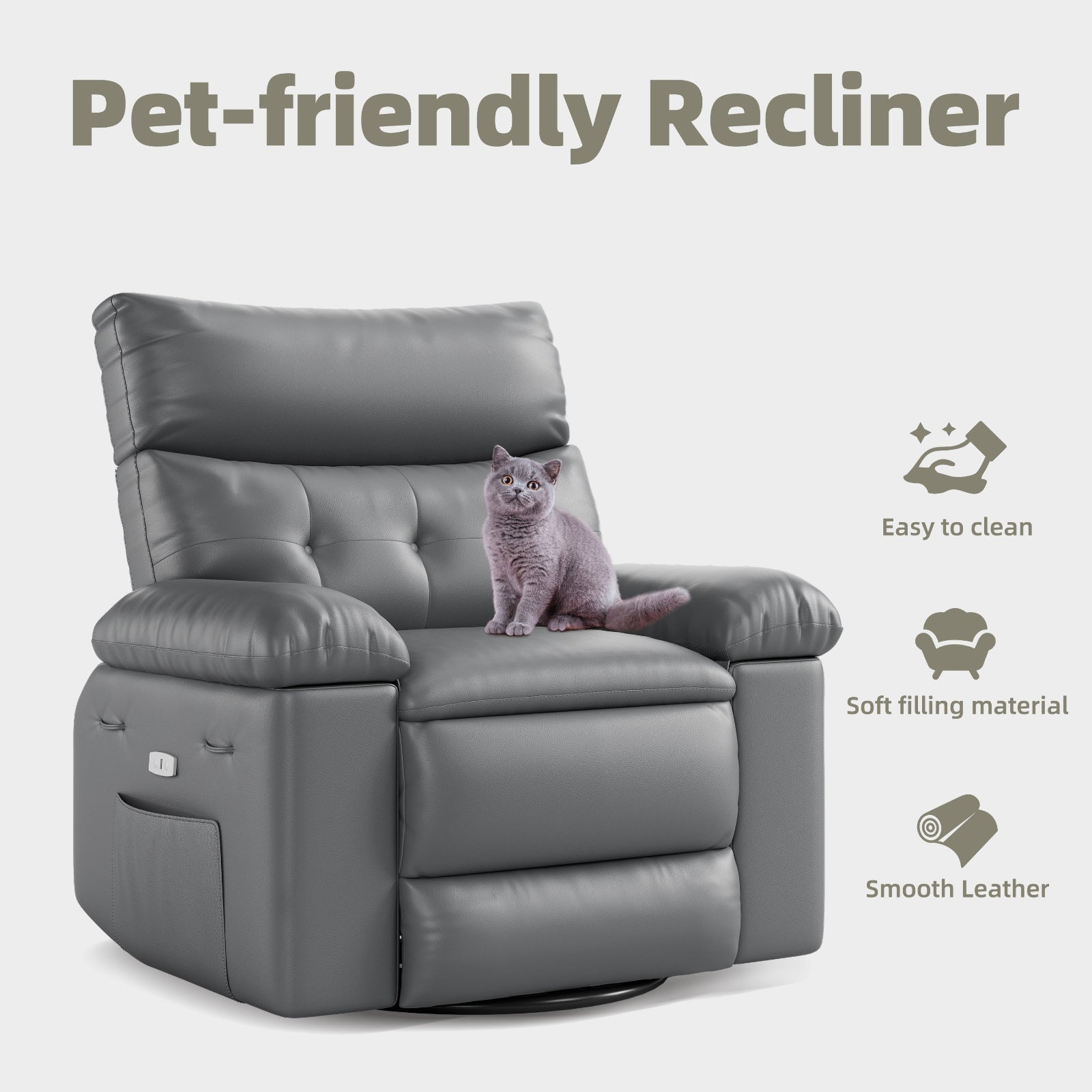 Garvee Oversized Manual Recliner, Breathable Leather Pushback Recliner Chair, Single Lazy Sofa Chair with Two Cup Holders and Side Pocket, Living Room Recliner, Grey