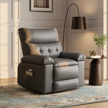 Garvee Oversized Manual Recliner, Breathable Leather Pushback Recliner Chair, Single Lazy Sofa Chair with Two Cup Holders and Side Pocket, Living Room Recliner, Grey