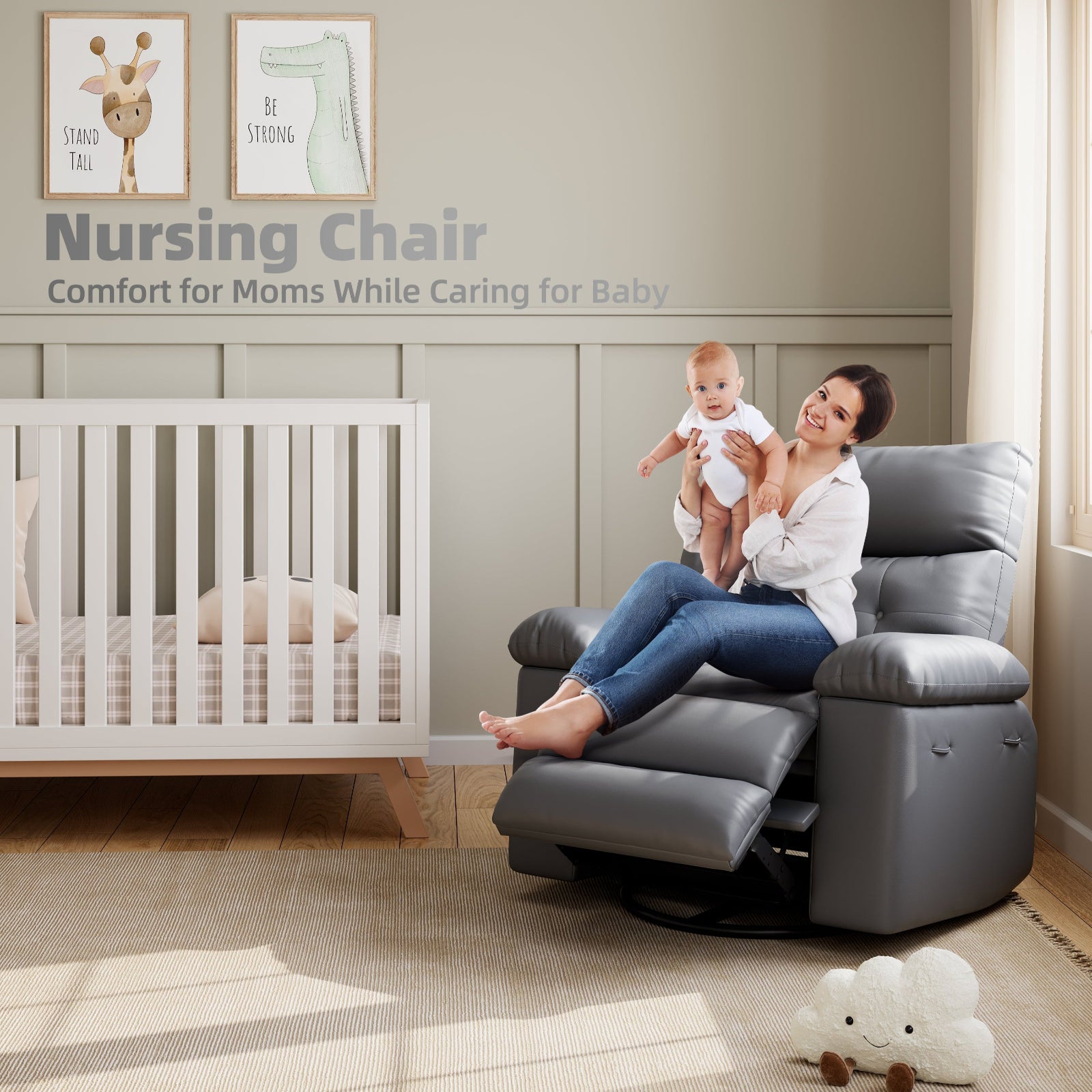 Garvee Oversized Manual Recliner, Breathable Leather Pushback Recliner Chair, Single Lazy Sofa Chair with Two Cup Holders and Side Pocket, Living Room Recliner, Grey