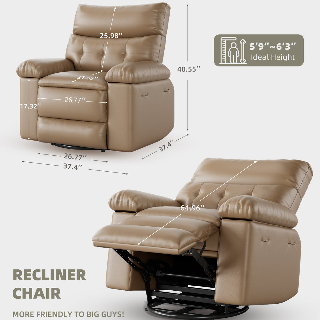 Garvee Oversized Wide Rocker Swivel Recliner Chair - PU Leather Large Manual Recliner for Adults, Ultimate Comfort Lazy Boy with 1.5X Sponge Filling and Easy Recline Mechanism for Relaxation