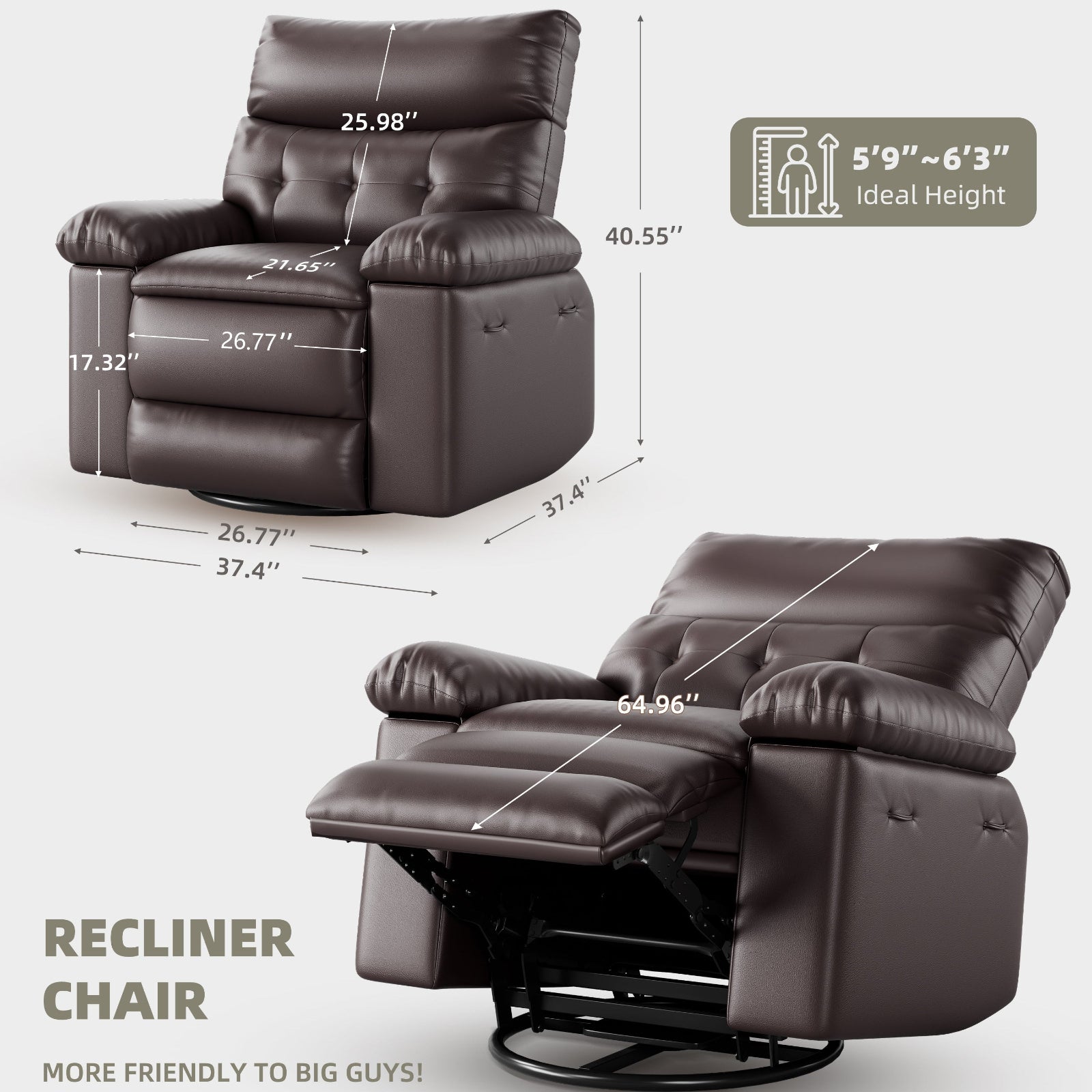Garvee Oversized Wide Rocker Swivel Recliner Chair - PU Leather Manual Recliner for Adults, Large Nursery Chair Lazy Recliner with Comfort Arm and Back for Living Room, Bedroom, Coffee