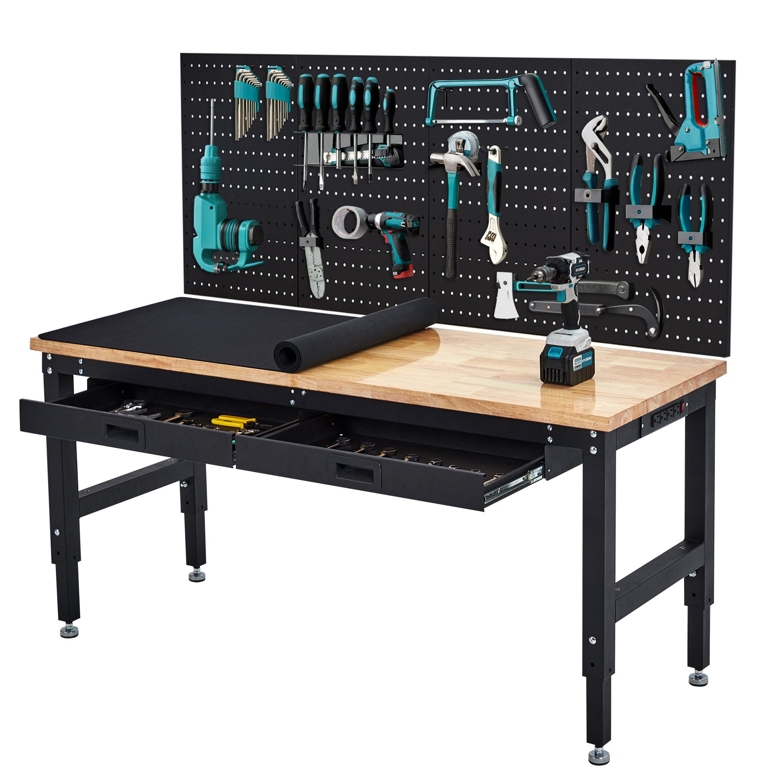Garvee 60x22 Inch WorkBench, Rubber Wood Tabletop Work Table with 2 Dr