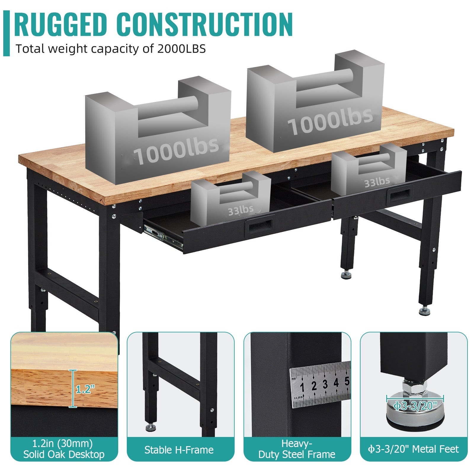 Garvee 60x22 Inch WorkBench, Rubber Wood Tabletop Work Table with 2 Drawers & Pegboard Pad, 2000 LBS Heavy Duty Adjustable Height Work Bench Table with Power Outlets for Workshop, Office