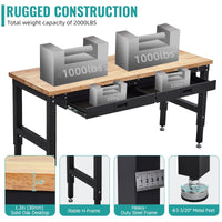 Garvee 60x22 Inch WorkBench, Rubber Wood Tabletop Work Table with 2 Drawers & Pegboard Pad, 2000 LBS Heavy Duty Adjustable Height Work Bench Table with Power Outlets for Workshop, Office