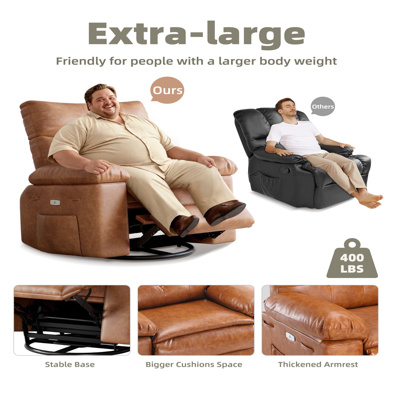 Garvee 27" Oversized Recliner Chairs with Heat and Massage, 360° Swivel Lazy Recliner Chair for Adults, Manual Rocking Chair with Remote Control for Living Room, Bedroom and Nursery, Brown