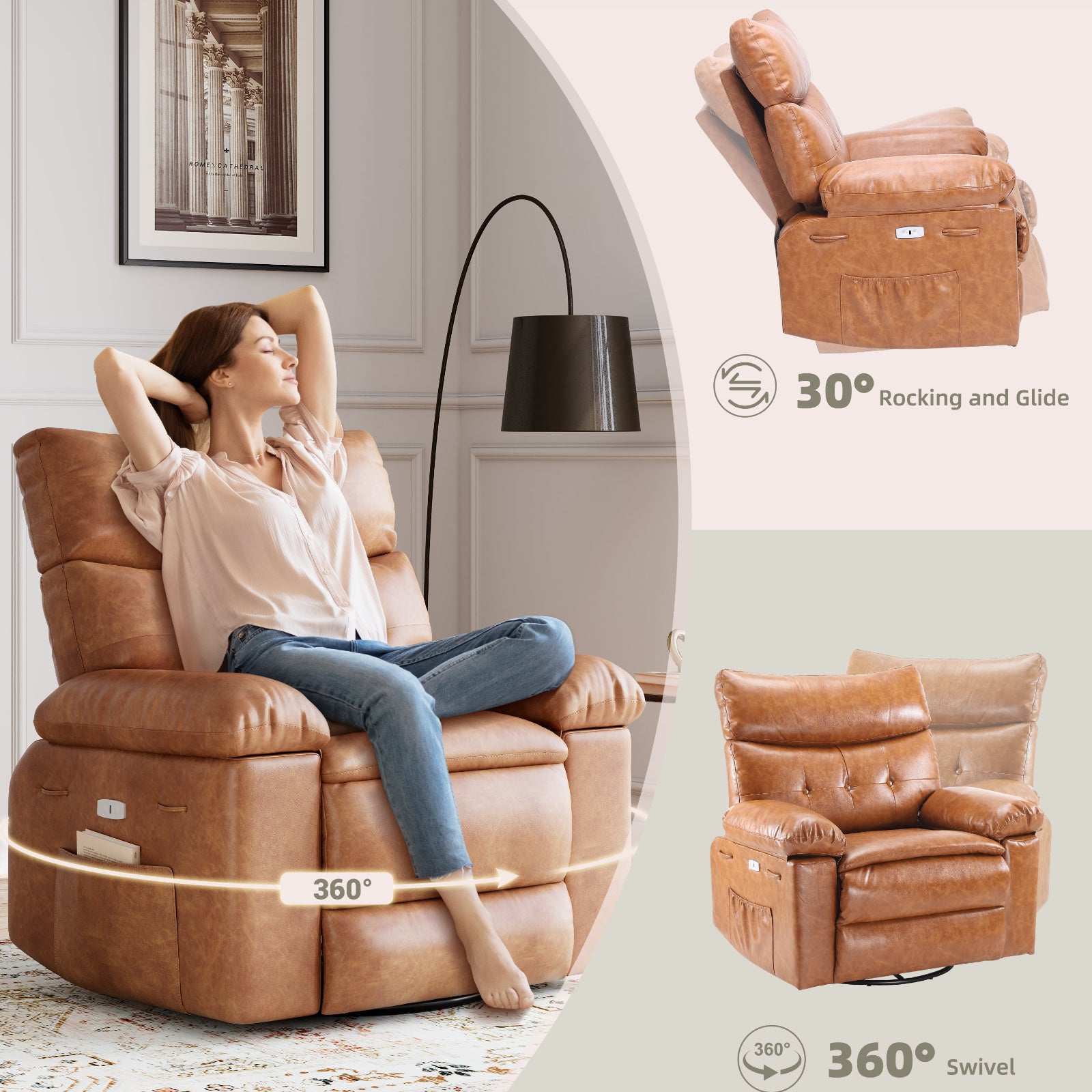 Garvee 27" Oversized Recliner Chairs with Heat and Massage, 360° Swivel Lazy Recliner Chair for Adults, Manual Rocking Chair with Remote Control for Living Room, Bedroom and Nursery, Brown