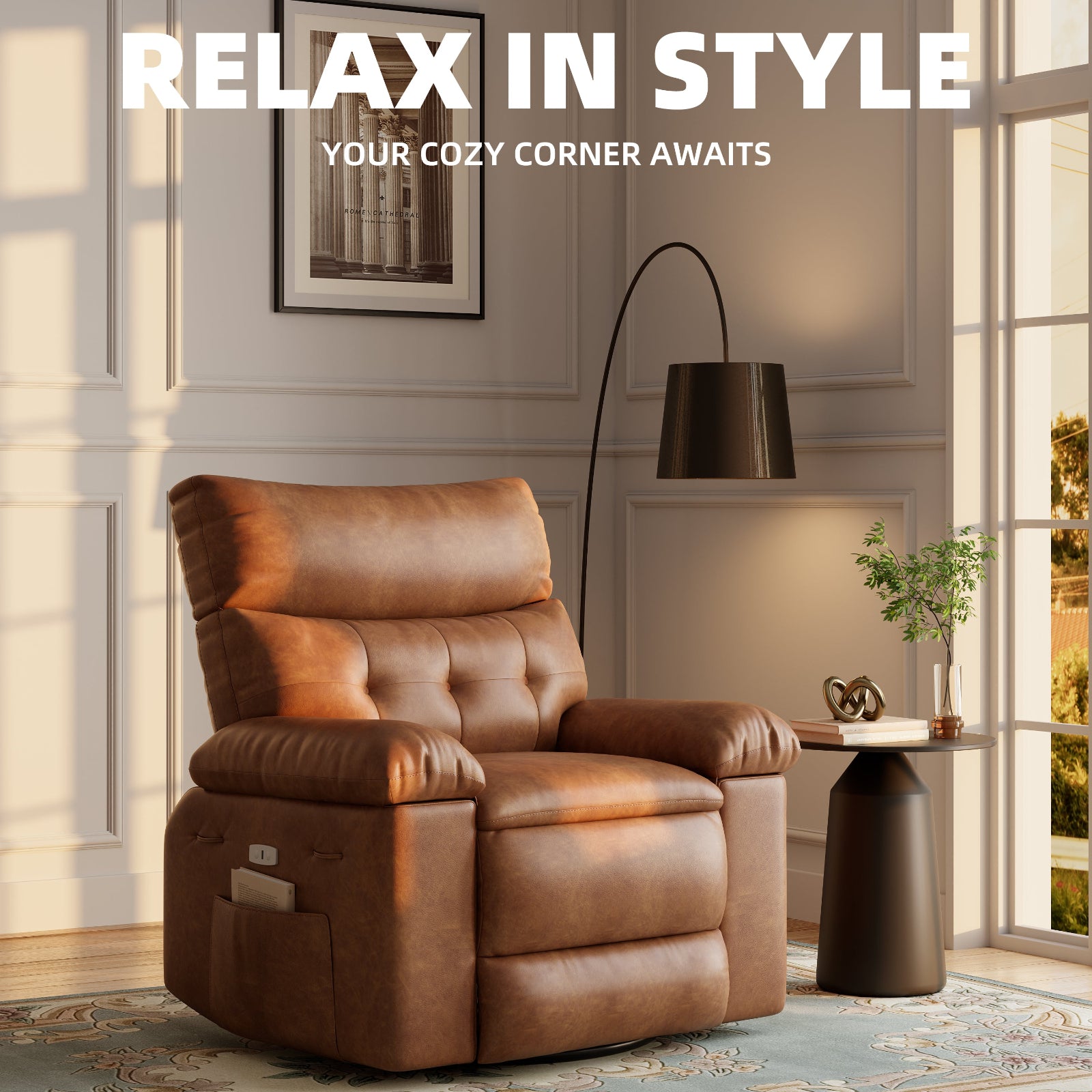 Garvee 27" Oversized Recliner Chairs with Heat and Massage, 360° Swivel Lazy Recliner Chair for Adults, Manual Rocking Chair with Remote Control for Living Room, Bedroom and Nursery, Brown