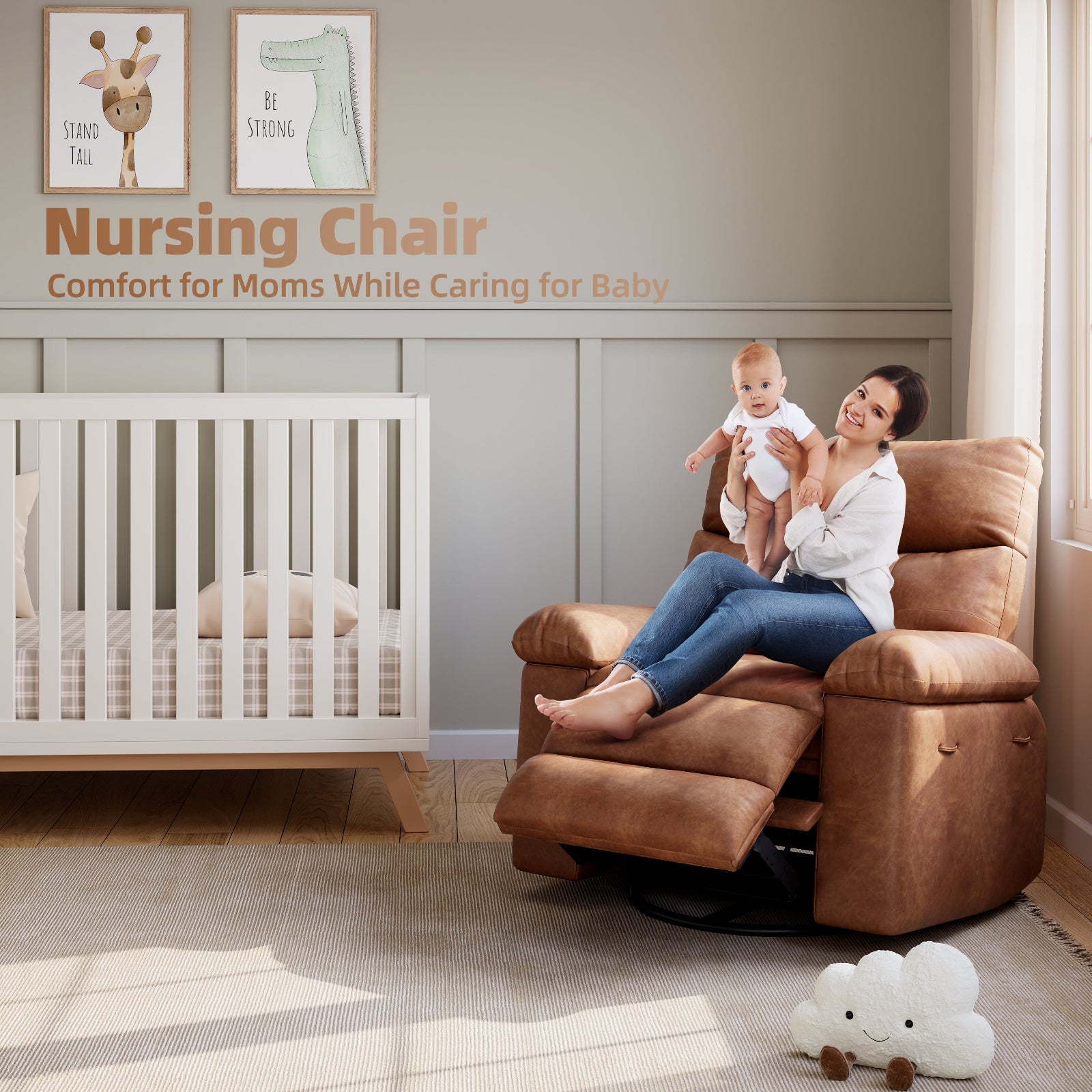 Garvee 27" Oversized Recliner Chairs with Heat and Massage, 360° Swivel Lazy Recliner Chair for Adults, Manual Rocking Chair with Remote Control for Living Room, Bedroom and Nursery, Brown