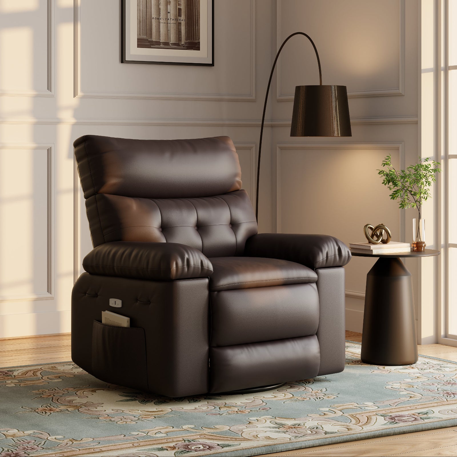 Garvee Oversized 27" Width PU Leather Recliner Chair, 360° Swivel Rocker, Heat & Massage, Manual Reclining, Remote Control, Collapsible Armrests, Lounge for Living Room, Bedroom, Nursery