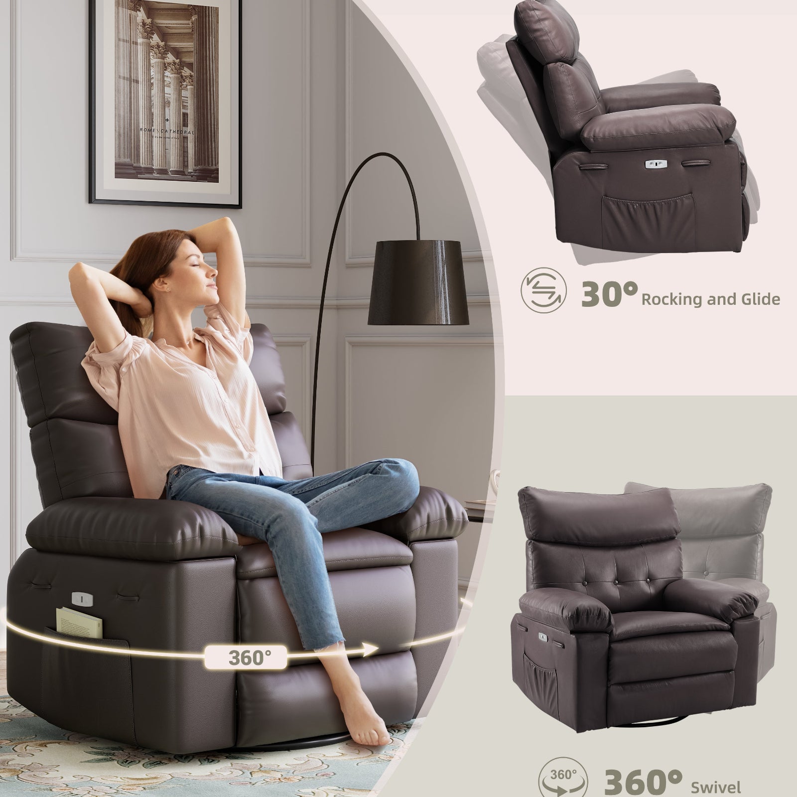 Garvee Oversized 27" Width PU Leather Recliner Chair, 360° Swivel Rocker, Heat & Massage, Manual Reclining, Remote Control, Collapsible Armrests, Lounge for Living Room, Bedroom, Nursery