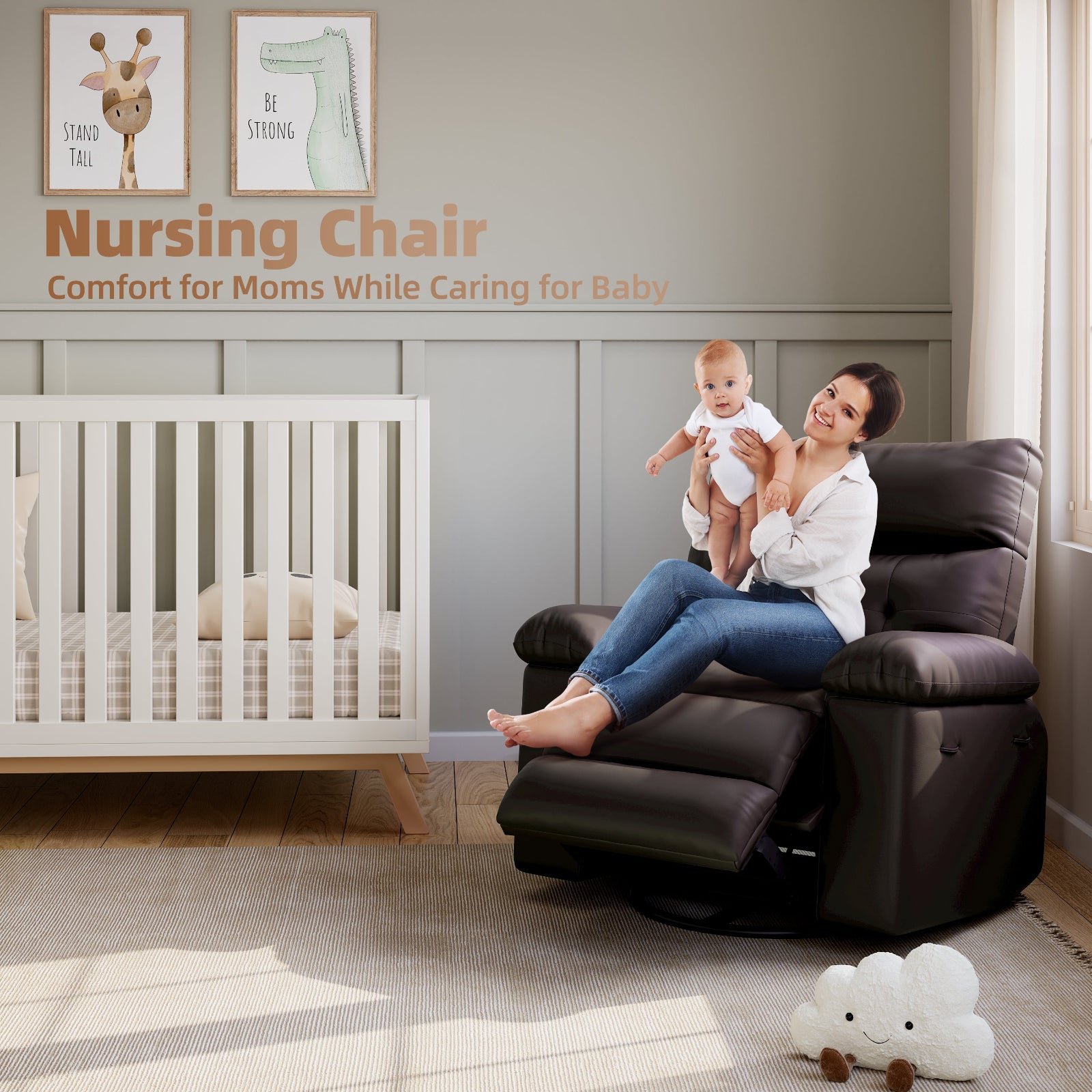 Garvee Oversized 27" Width PU Leather Recliner Chair, 360° Swivel Rocker, Heat & Massage, Manual Reclining, Remote Control, Collapsible Armrests, Lounge for Living Room, Bedroom, Nursery