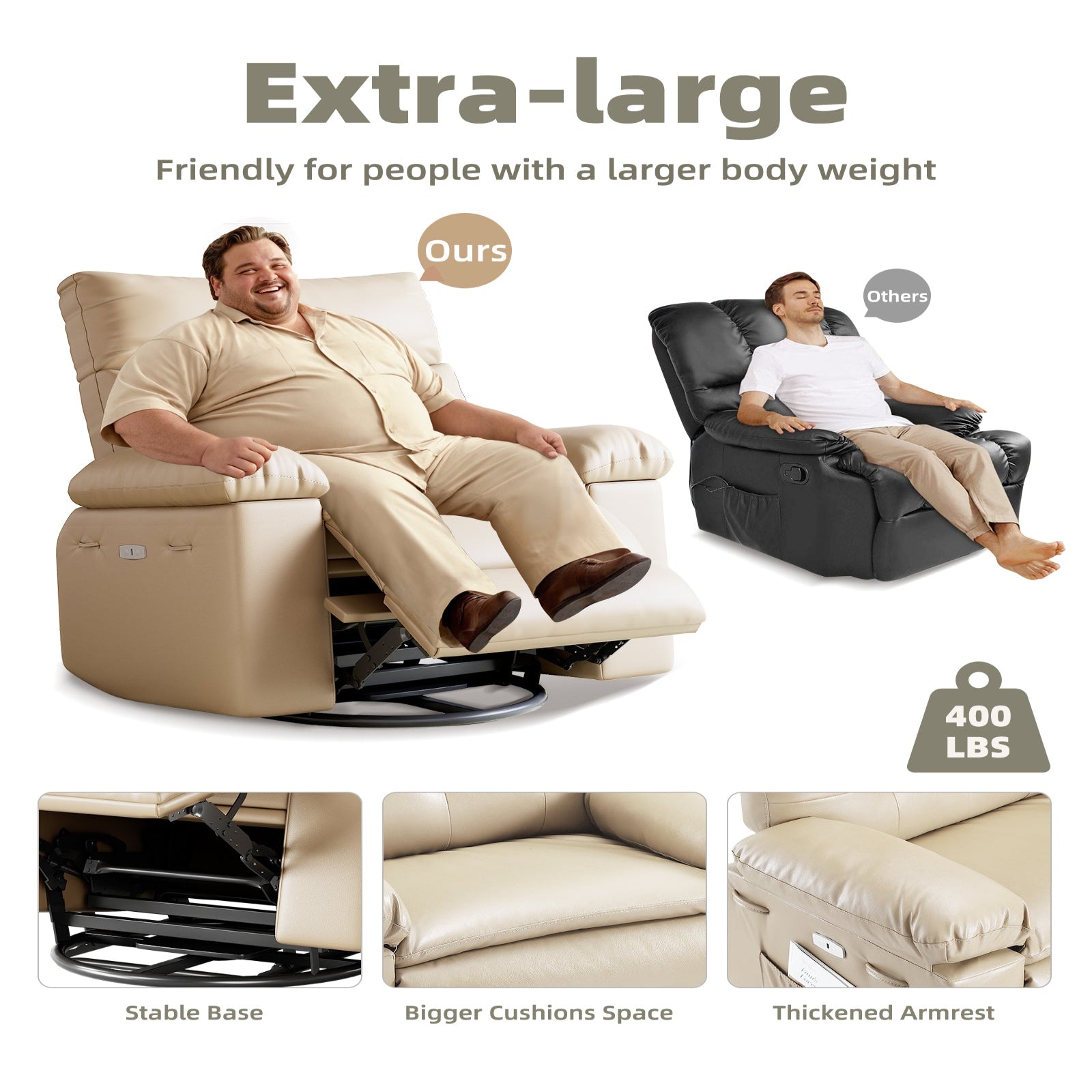 Garvee Oversized 27" Width PU Leather Recliner Chair, 360° Swivel Rocker, Heat & Massage, Manual Reclining, Remote Control, Collapsible Armrests, Lounge for Living Room, Bedroom, Nursery, Beige