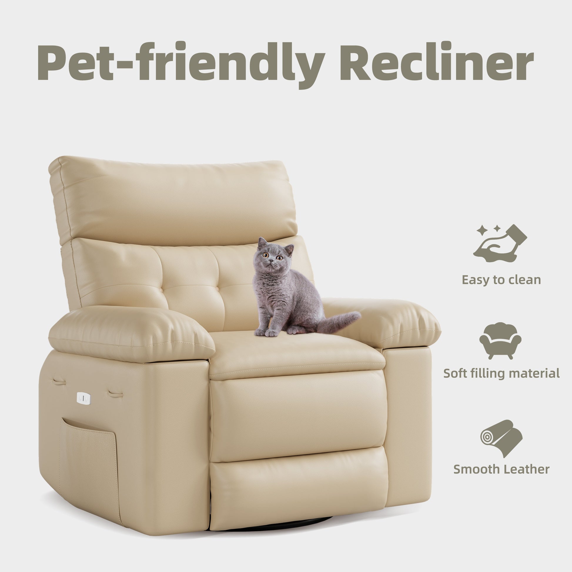 Garvee Oversized 27" Width PU Leather Recliner Chair, 360° Swivel Rocker, Heat & Massage, Manual Reclining, Remote Control, Collapsible Armrests, Lounge for Living Room, Bedroom, Nursery, Beige