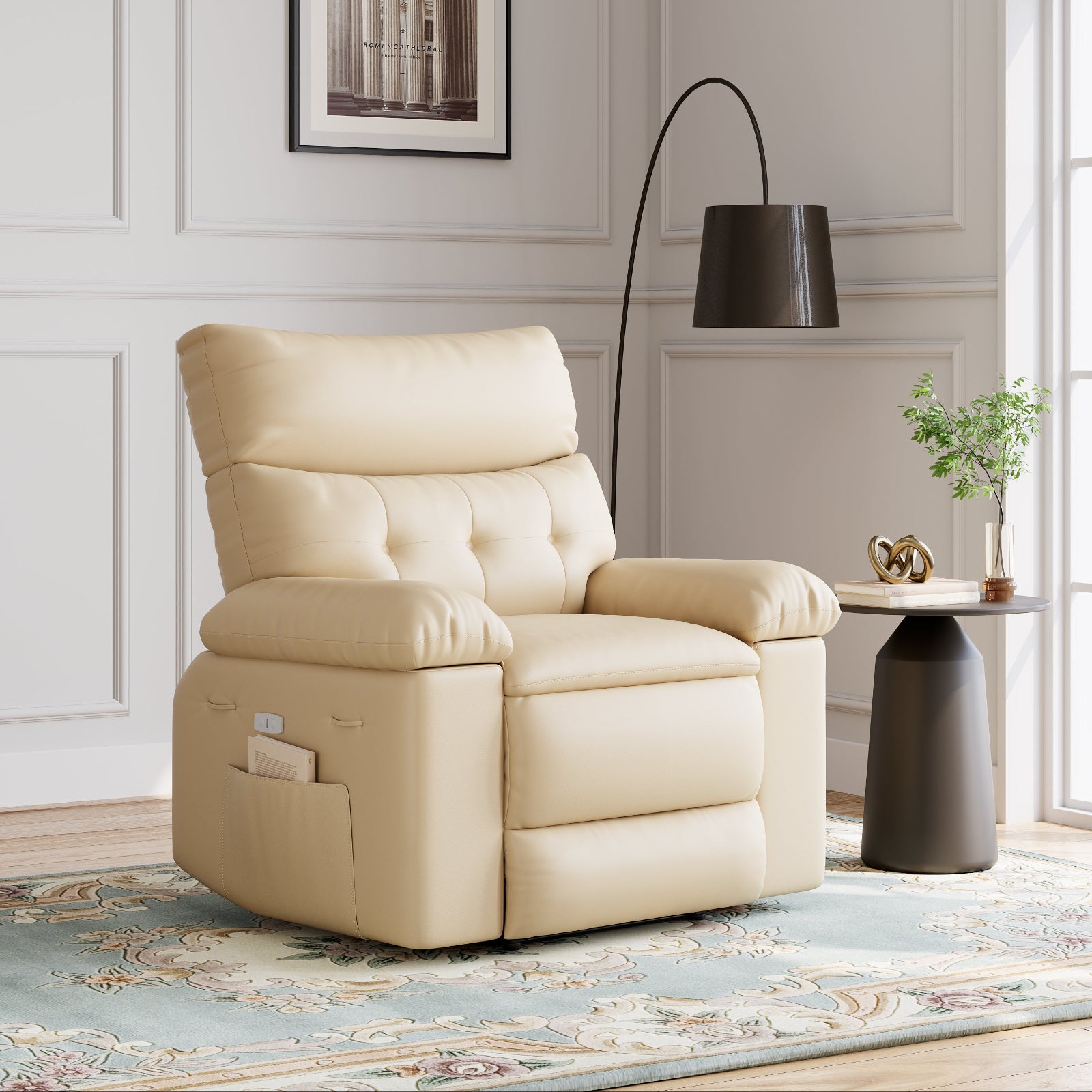 Garvee Oversized 27" Width PU Leather Recliner Chair, 360° Swivel Rocker, Heat & Massage, Manual Reclining, Remote Control, Collapsible Armrests, Lounge for Living Room, Bedroom, Nursery, Beige